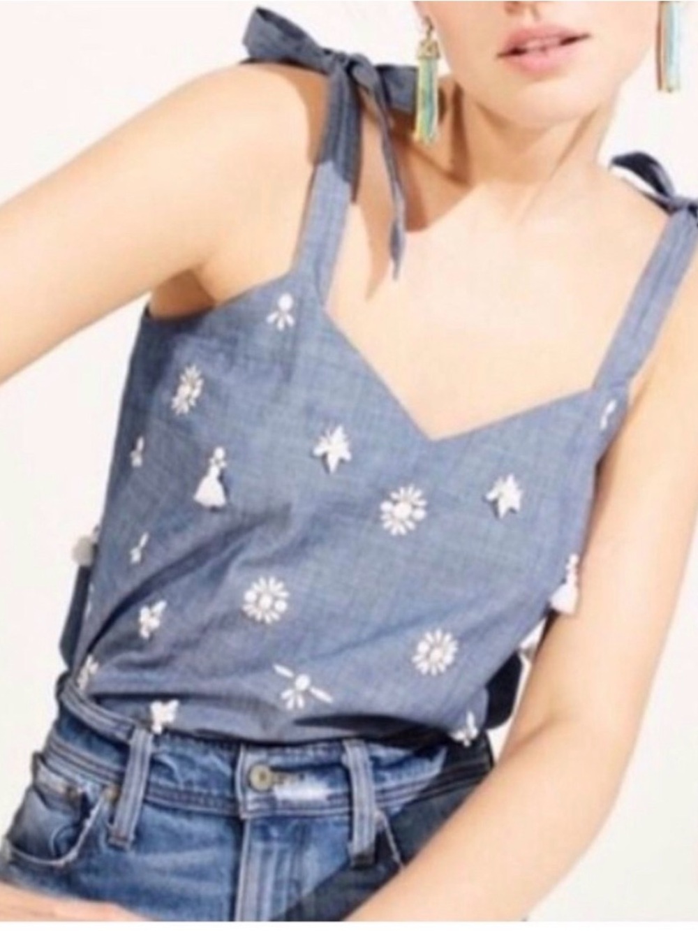 NEW w/ tag J. Crew Chambray Soft Jeans Daisy Hand Embroidered Tank Top